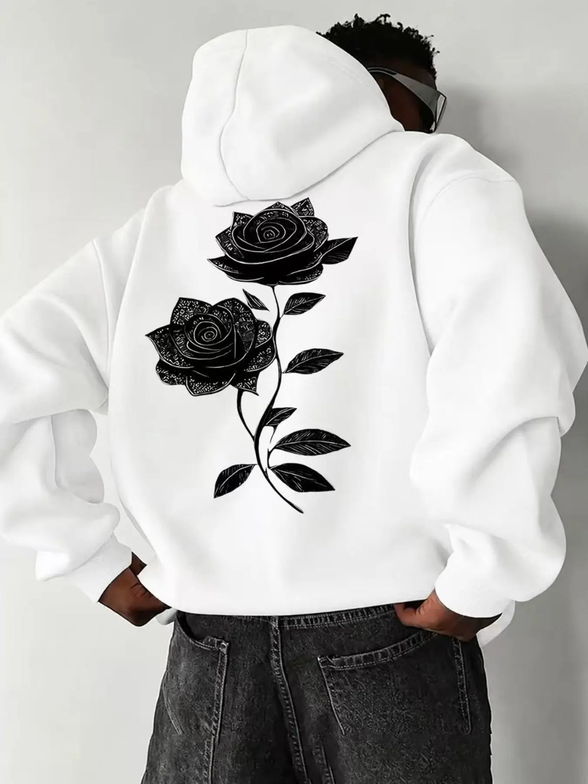 Oversized Drawstring Hoodie with Pocket, Dual Vintage Black Rose Line-Art Prints on the Chest and Back, Soft Long-Sleeve Gothic Streetwear Sweatshirt #RosePrintHoodie #GothicStreetwear #DarkAestheticTop #DualPrintHoodie