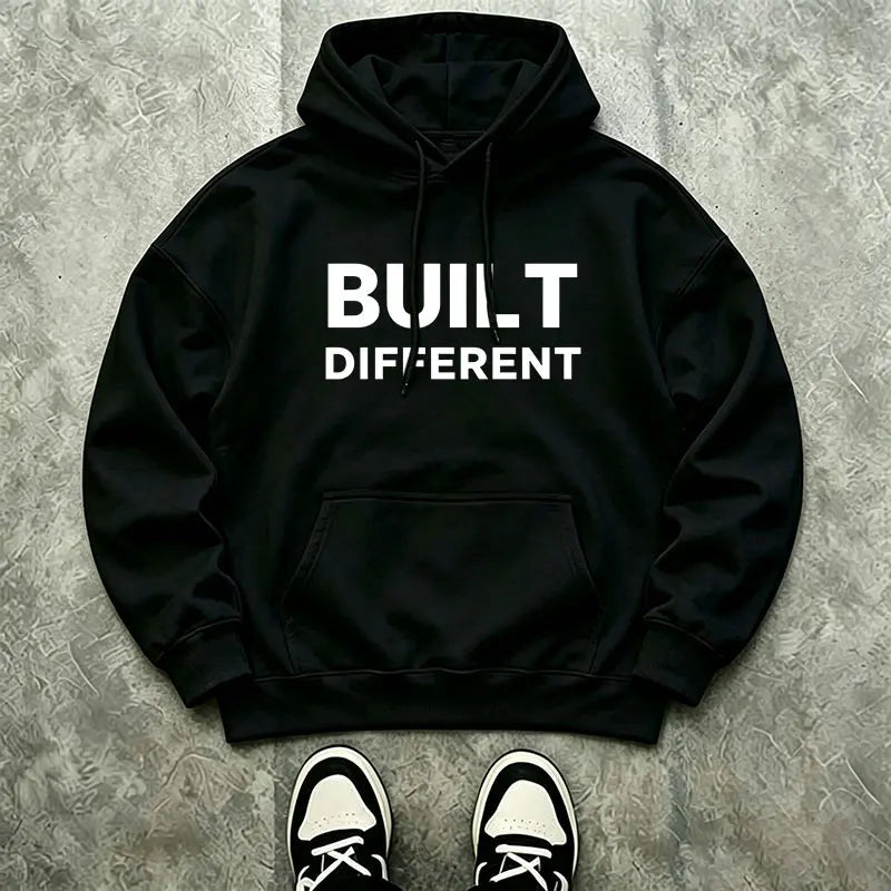 Minimalist motivational slogan front-print oversized solid-color men’s casual long-sleeve hoodie