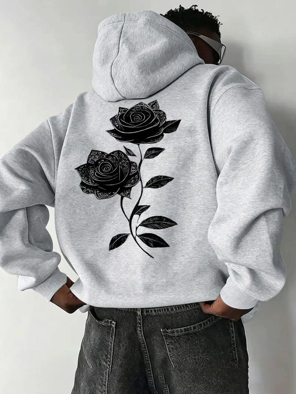 Oversized Drawstring Hoodie with Pocket, Dual Vintage Black Rose Line-Art Prints on the Chest and Back, Soft Long-Sleeve Gothic Streetwear Sweatshirt #RosePrintHoodie #GothicStreetwear #DarkAestheticTop #DualPrintHoodie