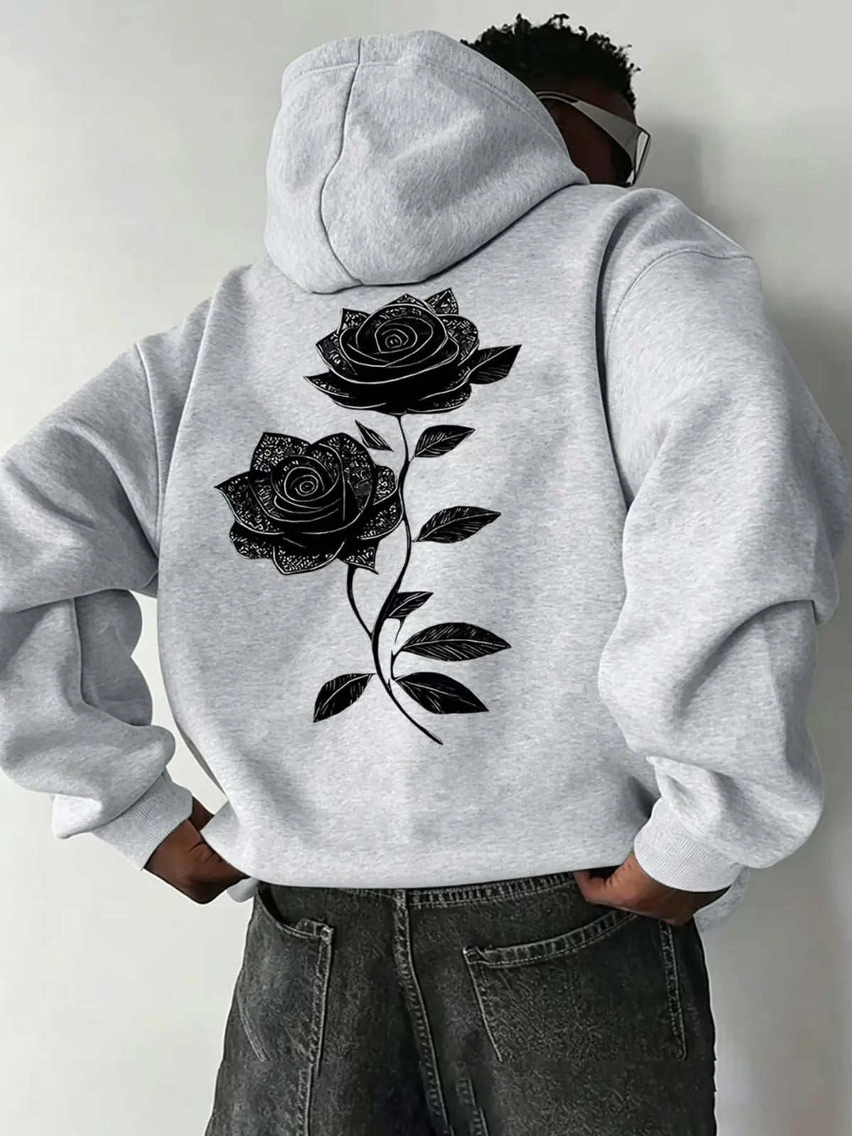 Oversized Drawstring Hoodie with Pocket, Dual Vintage Black Rose Line-Art Prints on the Chest and Back, Soft Long-Sleeve Gothic Streetwear Sweatshirt #RosePrintHoodie #GothicStreetwear #DarkAestheticTop #DualPrintHoodie