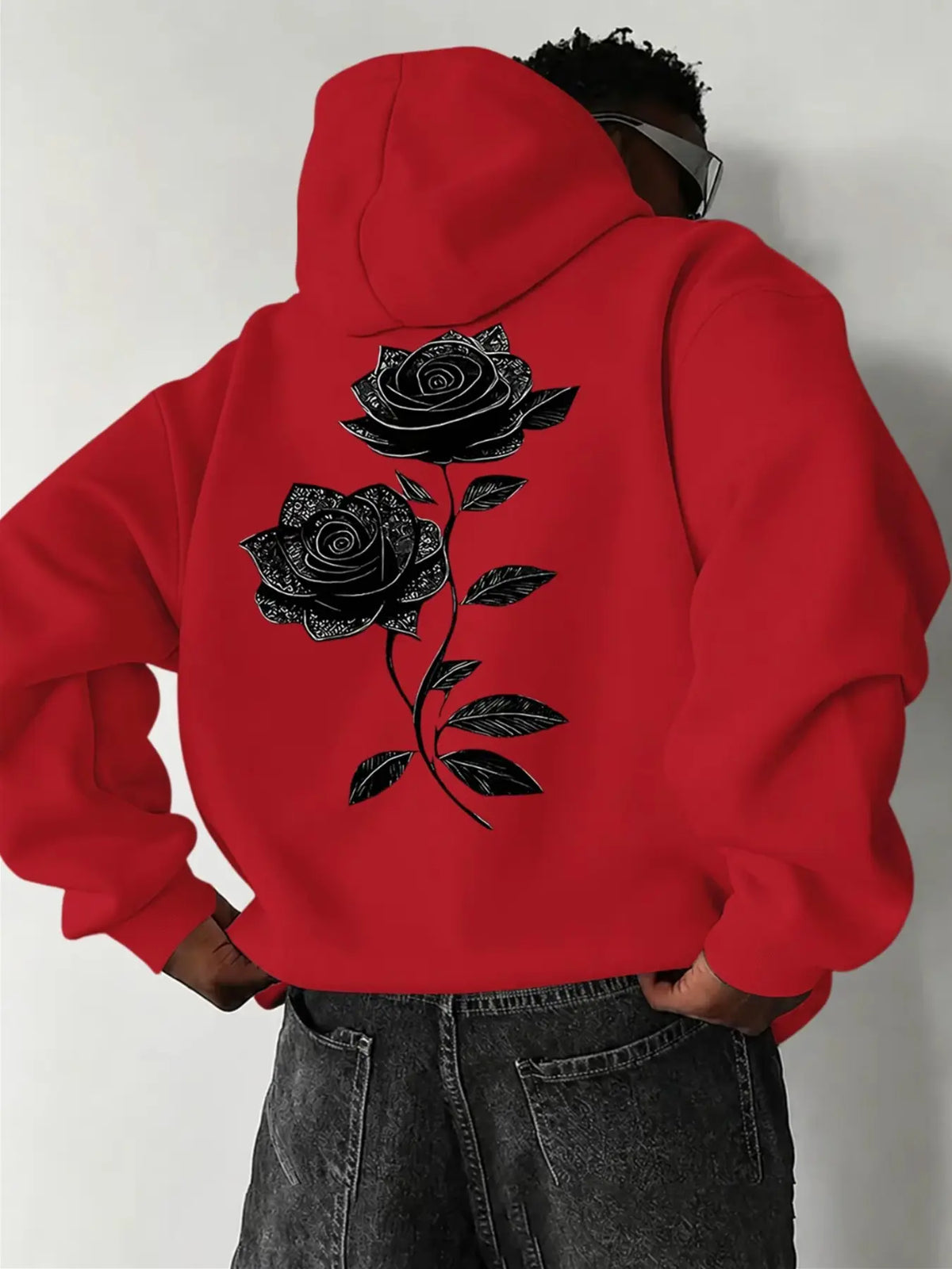 Oversized Drawstring Hoodie with Pocket, Dual Vintage Black Rose Line-Art Prints on the Chest and Back, Soft Long-Sleeve Gothic Streetwear Sweatshirt #RosePrintHoodie #GothicStreetwear #DarkAestheticTop #DualPrintHoodie