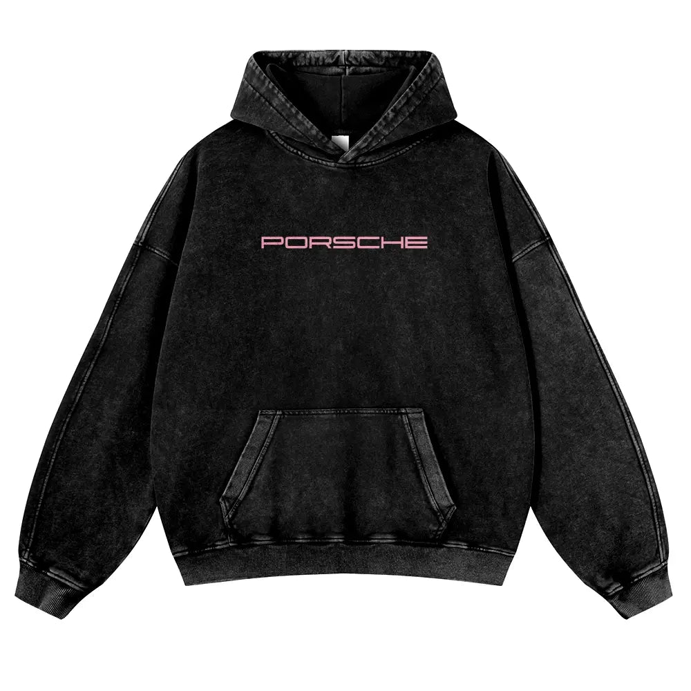 Men's Berry Pink 380g Autumn Vintage GT3 RS Washed Graphic Hoodie, 911 Pull-On Sweatshirt for Casual OOTD & Outfit Inspiration