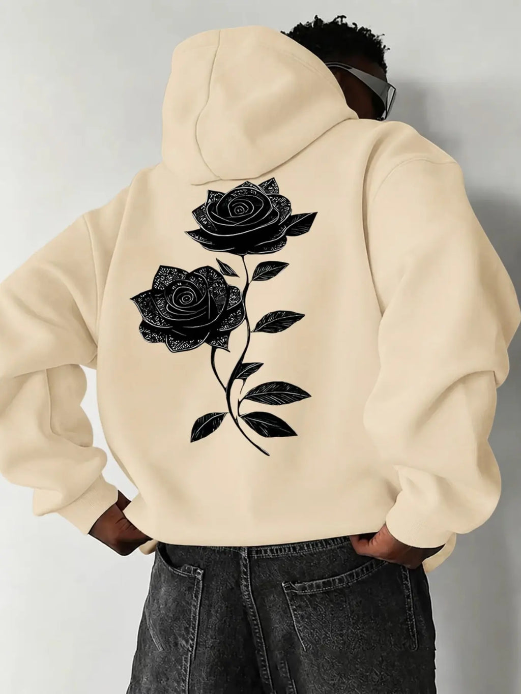 Oversized Drawstring Hoodie with Pocket, Dual Vintage Black Rose Line-Art Prints on the Chest and Back, Soft Long-Sleeve Gothic Streetwear Sweatshirt #RosePrintHoodie #GothicStreetwear #DarkAestheticTop #DualPrintHoodie
