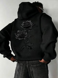Oversized Drawstring Hoodie with Pocket, Dual Vintage Black Rose Line-Art Prints on the Chest and Back, Soft Long-Sleeve Gothic Streetwear Sweatshirt #RosePrintHoodie #GothicStreetwear #DarkAestheticTop #DualPrintHoodie