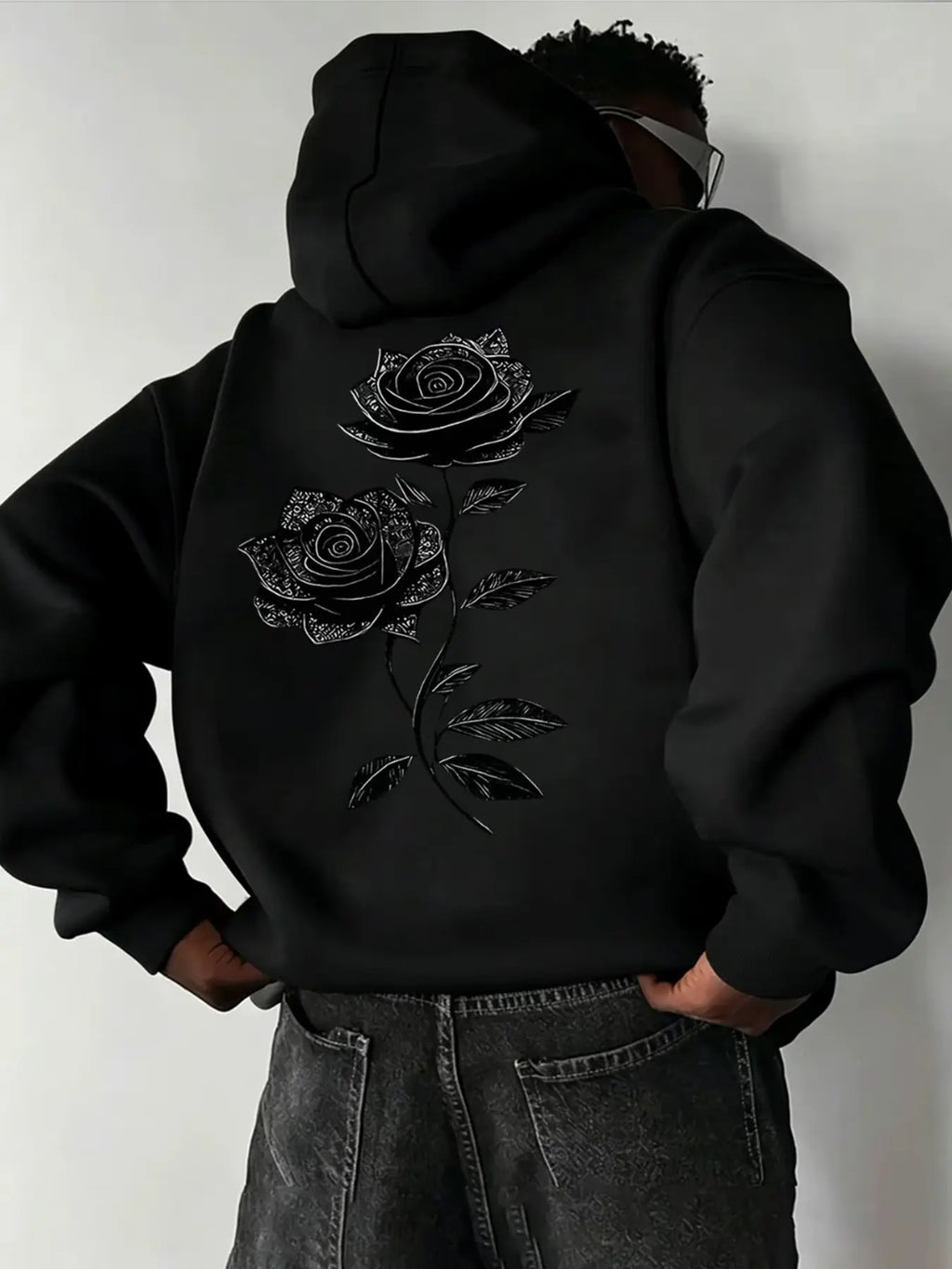 Oversized Drawstring Hoodie with Pocket, Dual Vintage Black Rose Line-Art Prints on the Chest and Back, Soft Long-Sleeve Gothic Streetwear Sweatshirt #RosePrintHoodie #GothicStreetwear #DarkAestheticTop #DualPrintHoodie