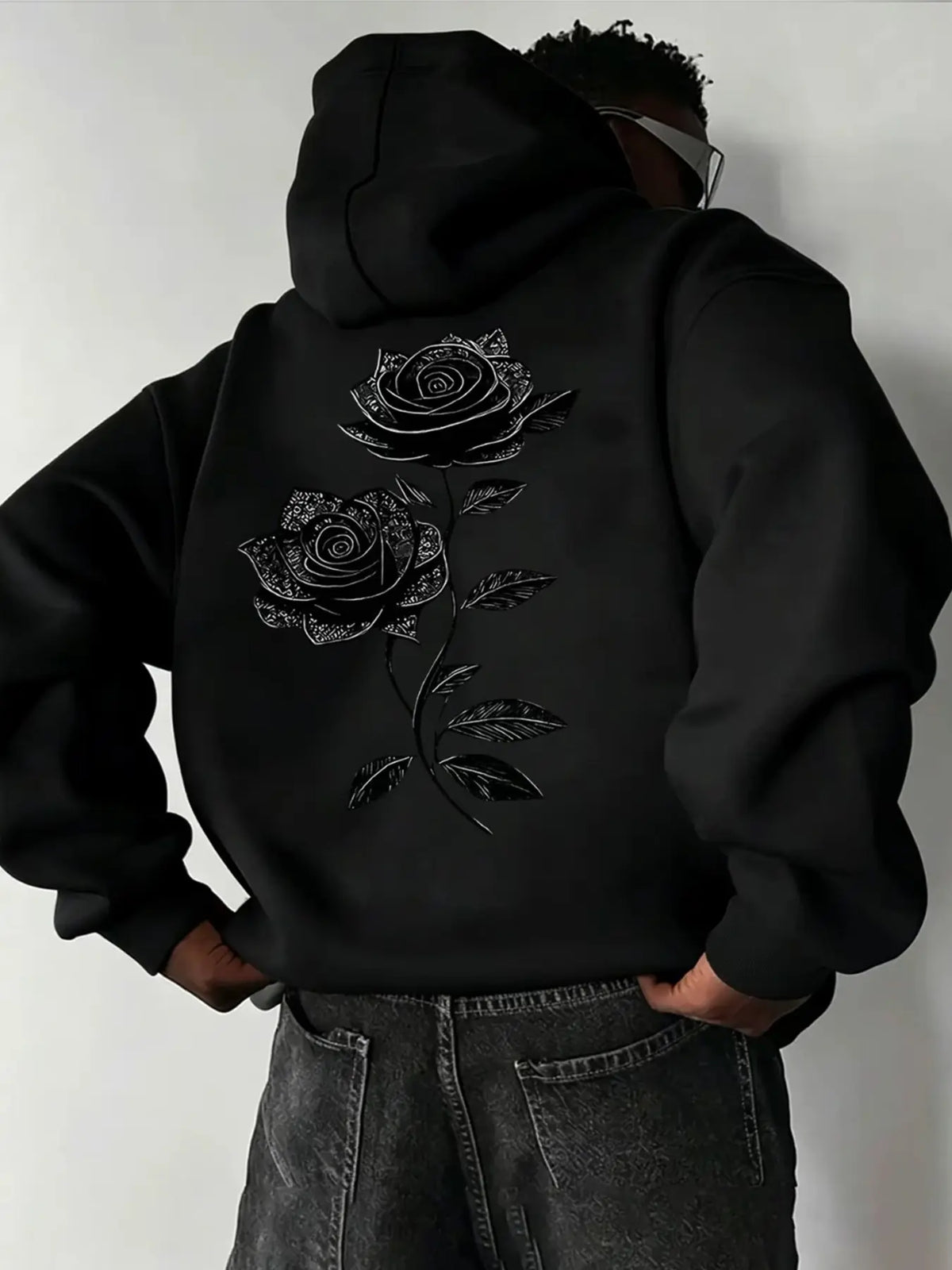 Oversized Drawstring Hoodie with Pocket, Dual Vintage Black Rose Line-Art Prints on the Chest and Back, Soft Long-Sleeve Gothic Streetwear Sweatshirt #RosePrintHoodie #GothicStreetwear #DarkAestheticTop #DualPrintHoodie