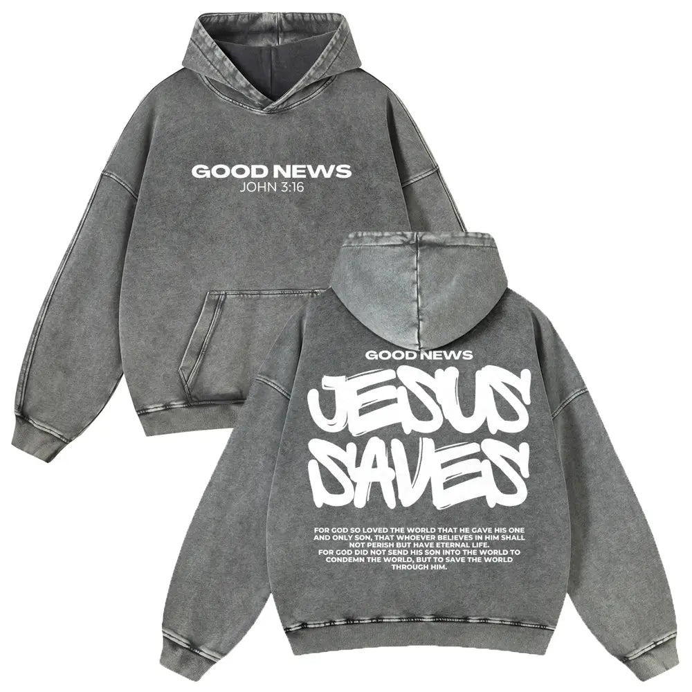 Men's Jesus Saves Graphic Hoodie, 380g Thick Cotton Casual Long Sleeve, Vintage Washed Fit Sweatshirt