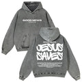 Men's Jesus Saves Graphic Hoodie, 380g Thick Cotton Casual Long Sleeve, Vintage Washed Fit Sweatshirt