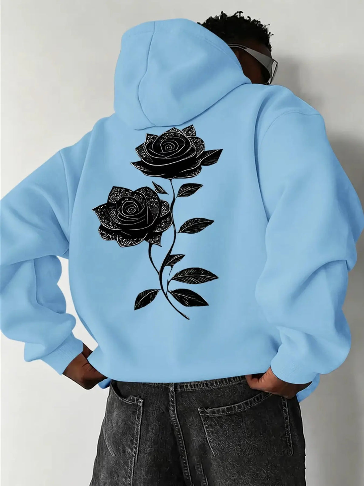 Oversized Drawstring Hoodie with Pocket, Dual Vintage Black Rose Line-Art Prints on the Chest and Back, Soft Long-Sleeve Gothic Streetwear Sweatshirt #RosePrintHoodie #GothicStreetwear #DarkAestheticTop #DualPrintHoodie